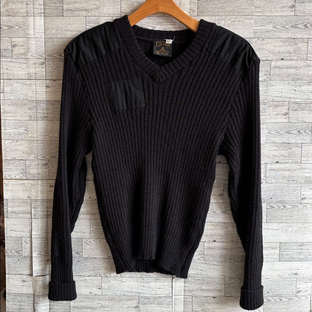 Citadel sweater men's black wool commando‎ military shoulder & elbow Patches 42